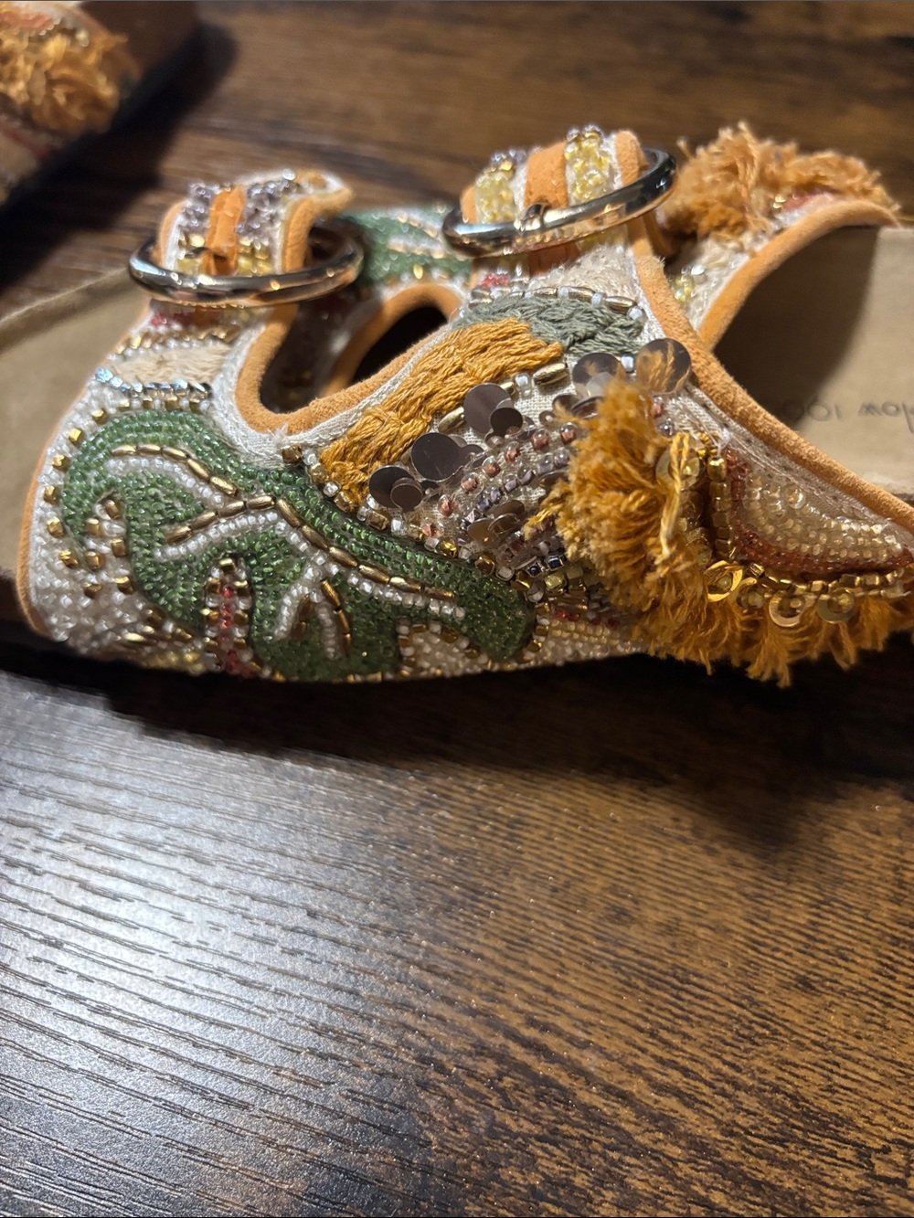 House of Harlow 1960 Embroidered Slide Sandals in Mustard & Green - Picture 8 of 9